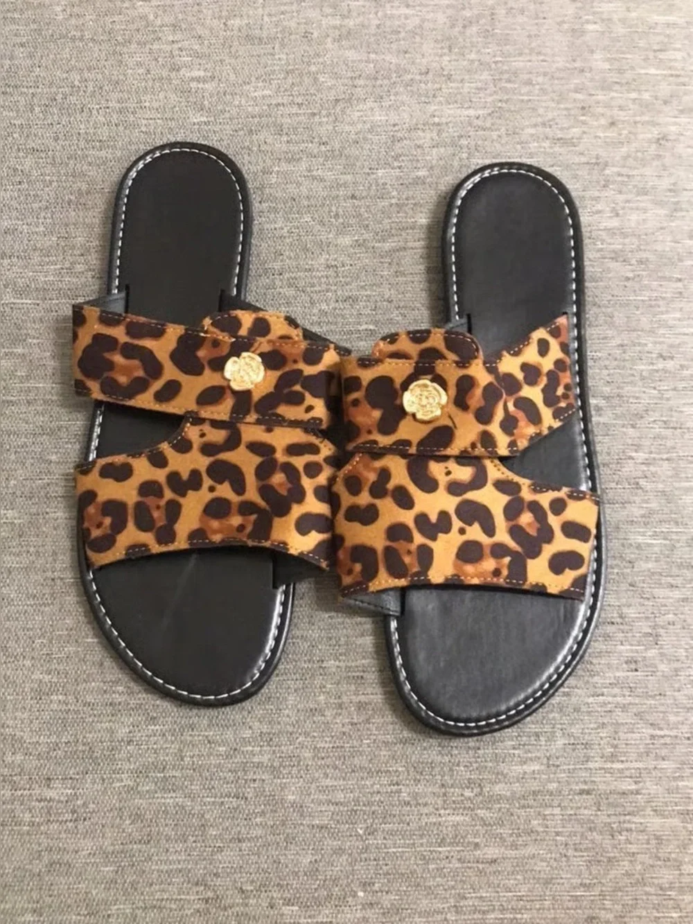 Leopard Print Slide Sandals - Brown